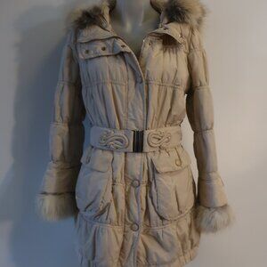 Womens Salco Beige Hooded & Belted Coat With Fox Fur 40/US S